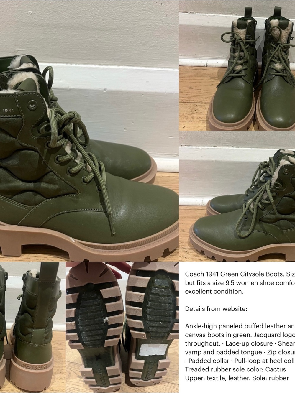 Coach Olive Green Leather Lace-Up City Boot with Tan Tread